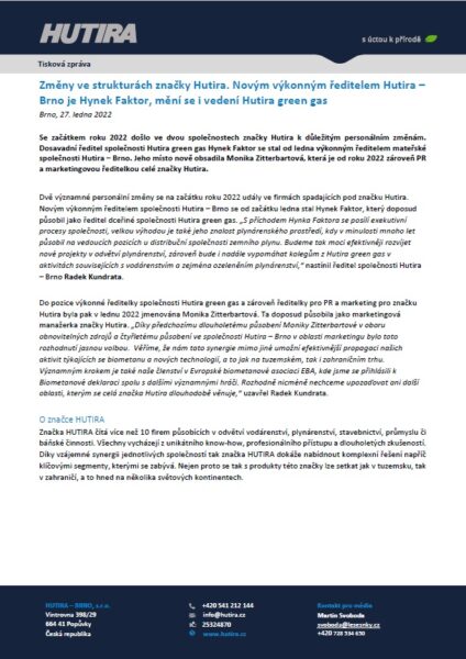 HUTIRA – BRNO s.r.o. a HUTIRA green gas s.r.o. ohlašují změny na pozici výkonného ředitele